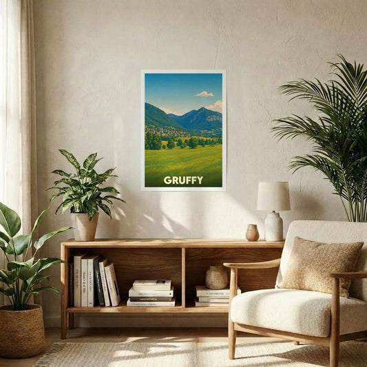 Affiche souvenir de la ville de Gruffy illustrant un paysage de montagnes et de prairies dans un style vintage.