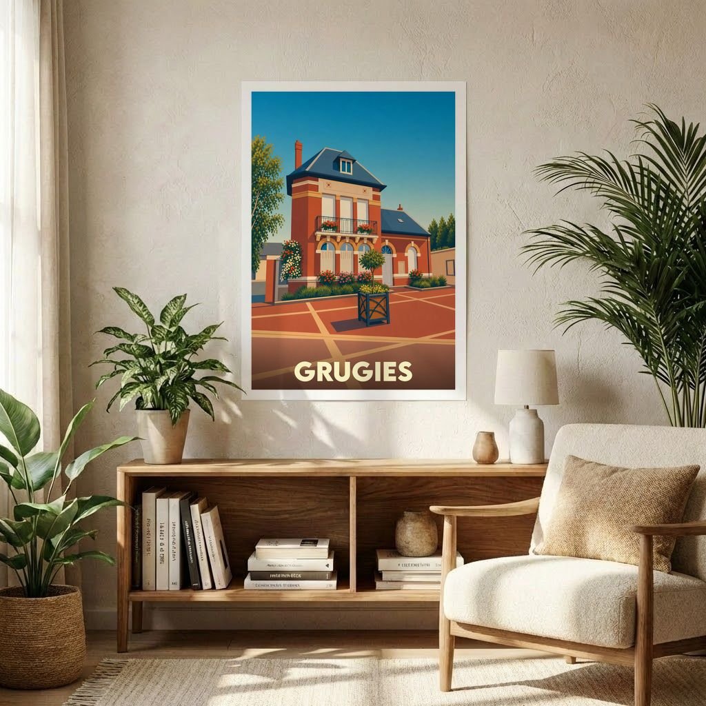 Affiche souvenir de la ville de Grugies présentant une illustration stylisée de l'architecture locale.