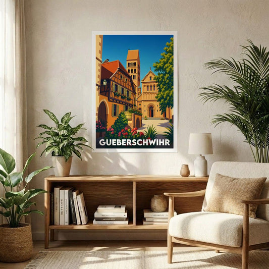 Affiche souvenir de la ville de Gueberschwihr avec une illustration stylisée.