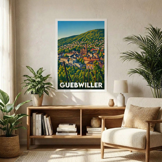 Affiche souvenir de la ville de Guebwiller avec une illustration stylisée et colorée.