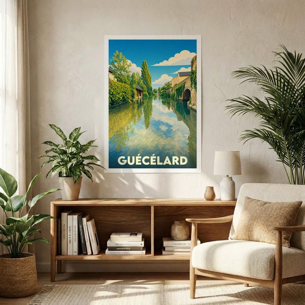 Affiche souvenir de la ville de Guécélard présentant une illustration stylisée d'un canal paisible.
