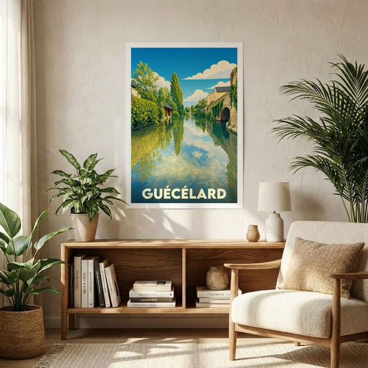 Affiche souvenir de la ville de Guécélard présentant une illustration stylisée d'un canal paisible.