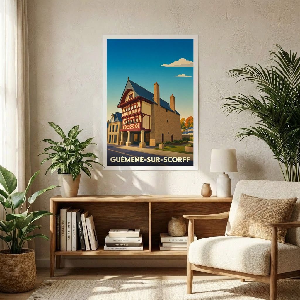Affiche souvenir de la ville de Guémené-sur-Scorff avec une illustration stylisée d'une maison à colombages.