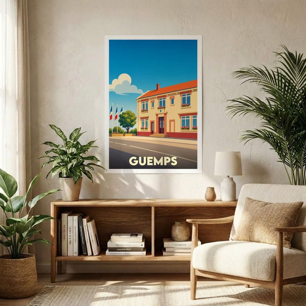 Affiche souvenir de la ville de Guemps avec une illustration stylisée d'un bâtiment typique.