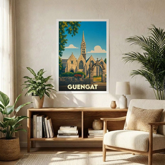 Affiche souvenir de la ville de Guengat avec une illustration stylisée de son église.