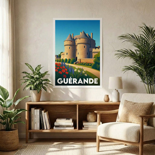 Affiche souvenir de la ville de Guérande avec une illustration stylisée de ses remparts.