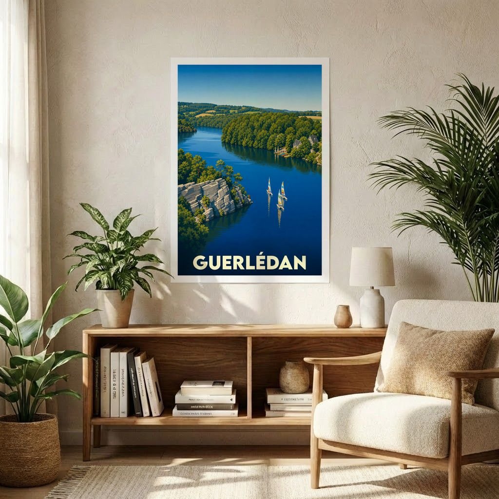 Affiche souvenir de la ville de Guerlédan illustrant son lac et ses paysages boisés dans un style vintage.