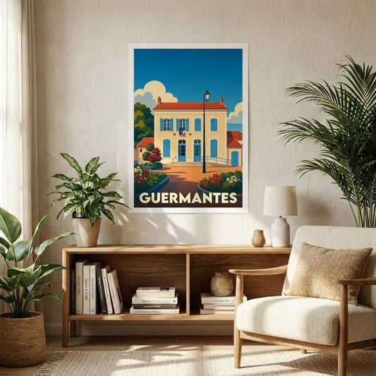 Affiche souvenir de la ville de Guermantes représentant l'hôtel de ville dans un style graphique rétro.