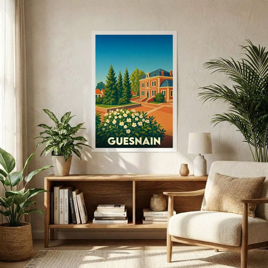 Affiche souvenir de la ville de Guesnain avec une illustration stylisée d'un bâtiment historique et de jardins.