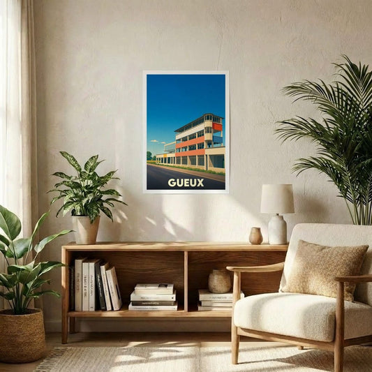 Affiche souvenir de la ville de Gueux représentant le circuit automobile mythique avec une illustration stylisée.