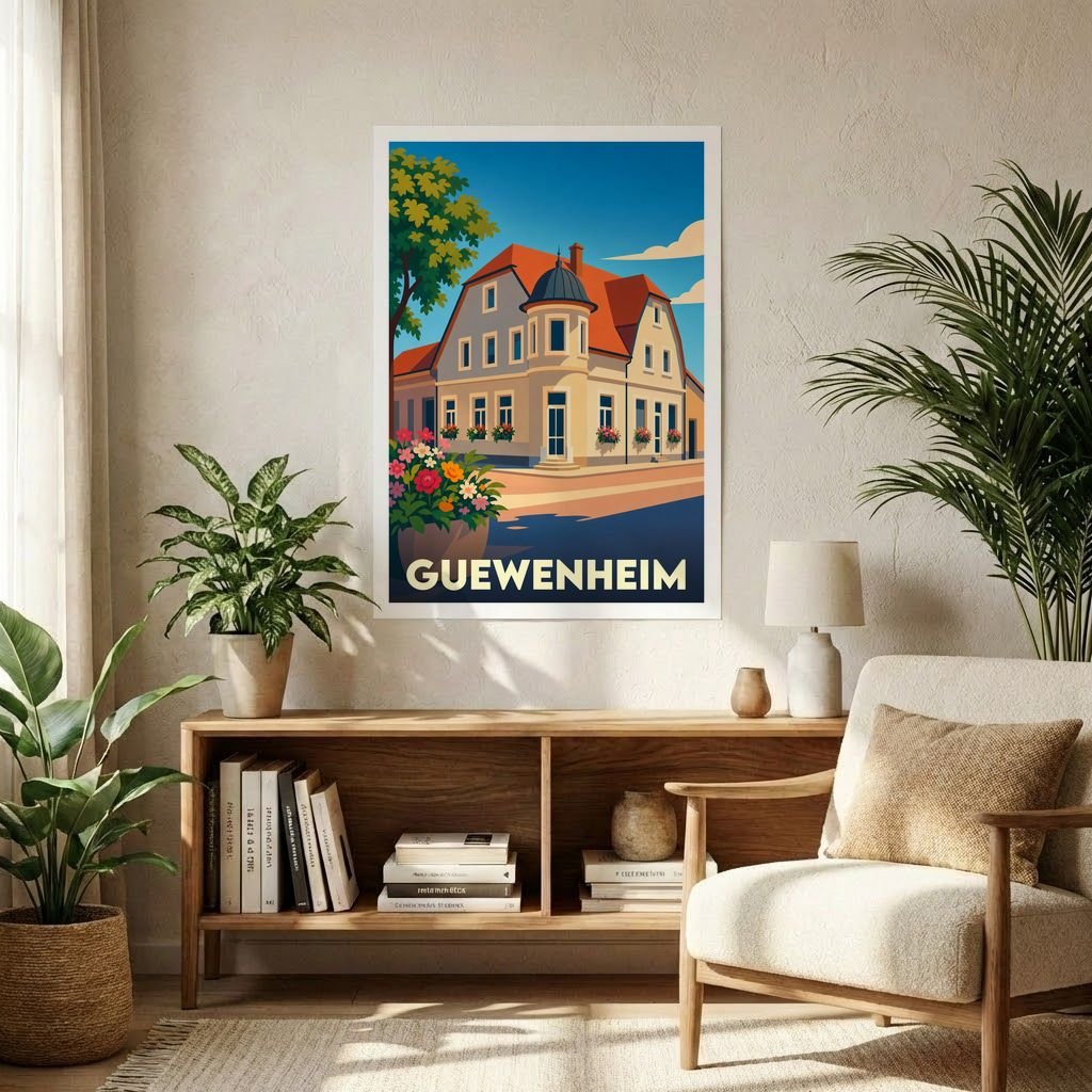 Affiche souvenir de la ville de Guewenheim avec une illustration stylisée d'un bâtiment alsacien.