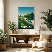 Affiche souvenir de la ville de Guichen avec une illustration stylisée représentant les bords de la Vilaine.