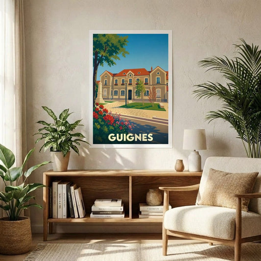 Affiche souvenir de la ville de Guignes avec une illustration stylisée et colorée de son architecture.