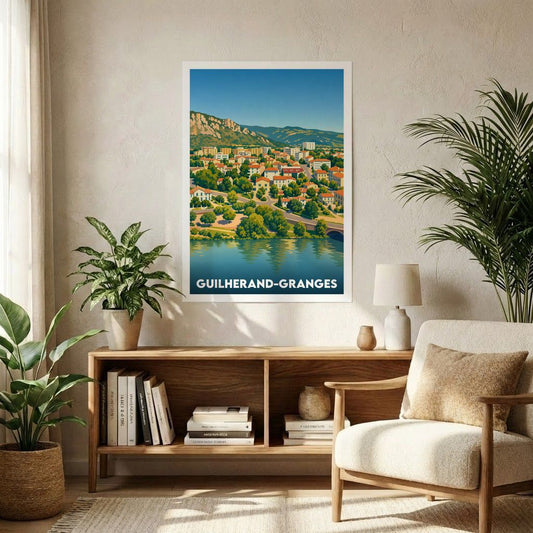 Affiche souvenir de la ville de Guilherand-Granges avec une illustration stylisée d'un paysage urbain au bord de l'eau.