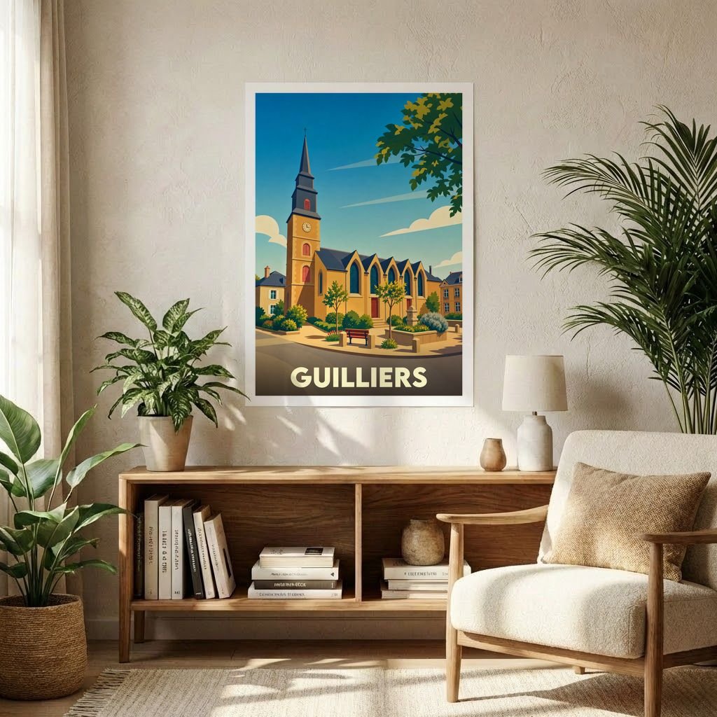 Affiche souvenir de la ville de Guilliers représentant son église dans un style graphique épuré.