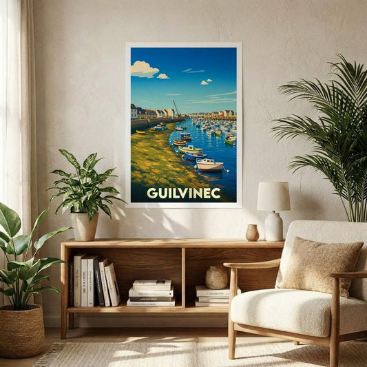 Affiche souvenir de la ville de Guilvinec représentant un port de pêche animé avec des bateaux colorés dans un style graphique épuré.