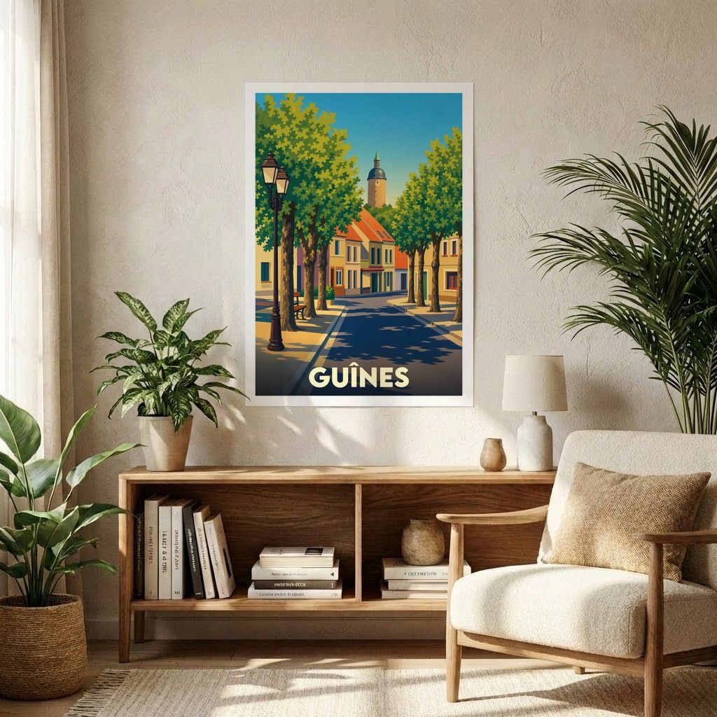 Affiche souvenir de la ville de Guînes avec une illustration stylisée d'une rue arborée.