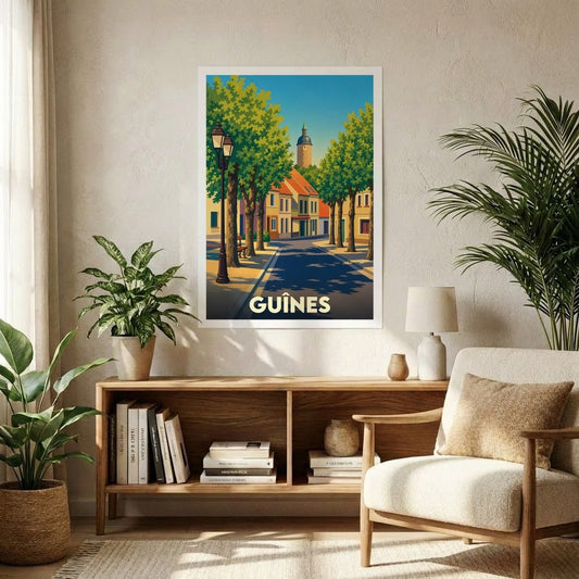 Affiche souvenir de la ville de Guînes avec une illustration stylisée d'une rue arborée.