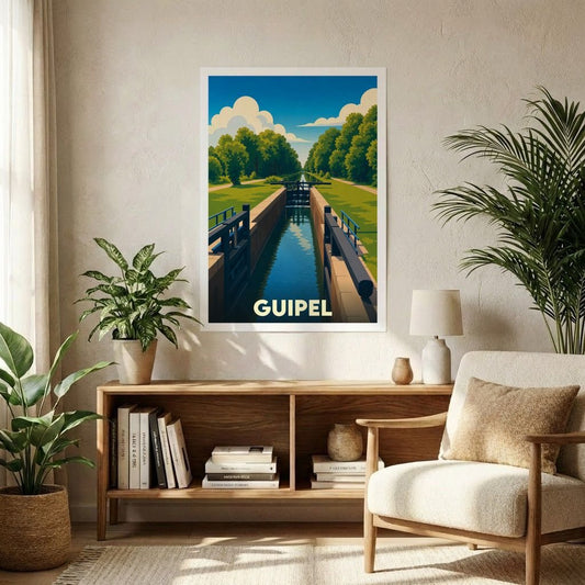 Affiche souvenir de la ville de Guipel avec une illustration stylisée d'un canal et ses écluses.