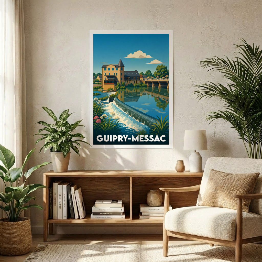 Affiche souvenir de la ville de Guipry-Messac avec une illustration stylisée représentant ses bords de Vilaine.