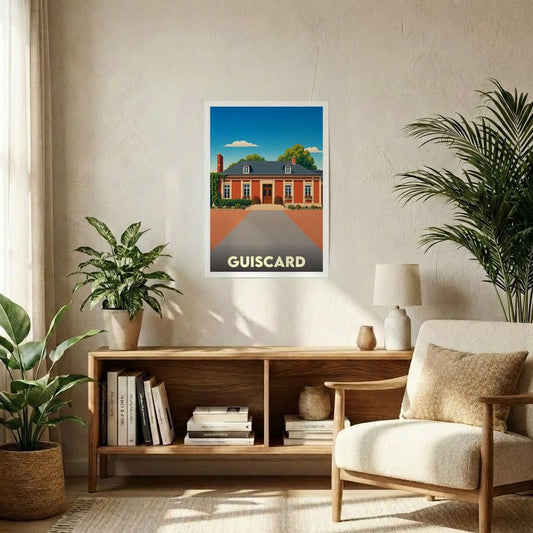 Affiche souvenir de la ville de Guiscard avec une illustration stylisée d'un bâtiment historique.