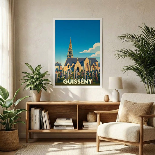 Affiche souvenir de la ville de Guissény représentant son église et son cimetière dans un style illustré coloré.