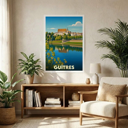 Affiche souvenir de la ville de Guîtres représentant son abbaye surplombant l'Isle dans un style graphique épuré.