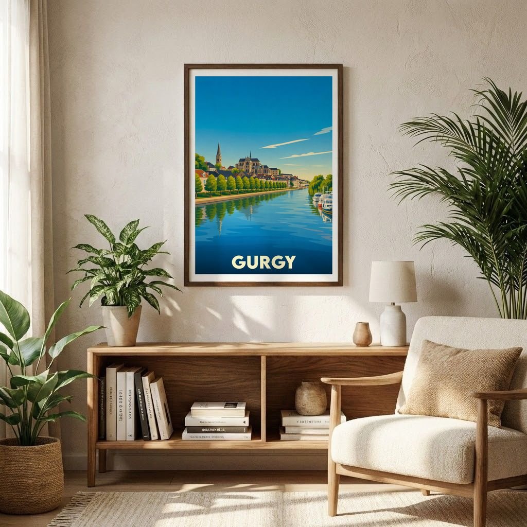 Affiche souvenir de la ville de Gurgy avec une illustration stylisée des bords de l'Yonne.