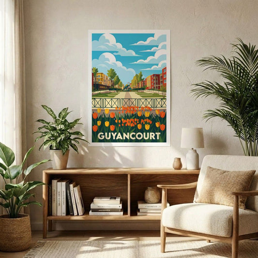 Affiche souvenir de la ville de Guyancourt avec une illustration stylisée d'un paysage urbain fleuri.