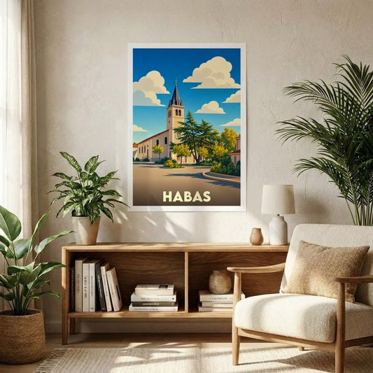 Affiche souvenir de la ville de Habas représentant son église sous un ciel azuré avec une illustration stylisée.