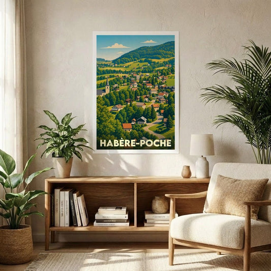 Affiche souvenir de la ville de Habère-Poche avec une illustration stylisée de son paysage vallonné.