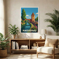 Affiche souvenir de la ville de Haguenau avec une illustration stylisée d'un canal et d'une tour.