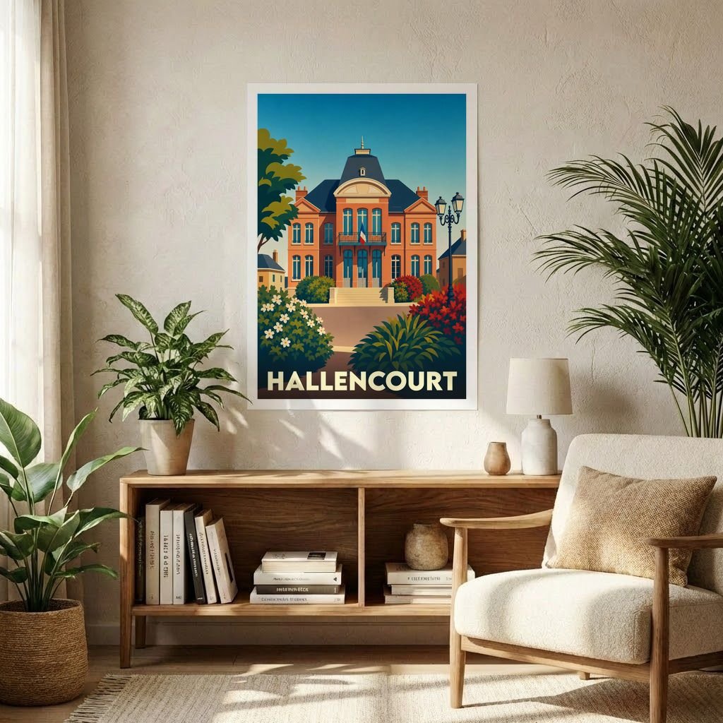 Affiche souvenir de la ville de Hallencourt avec une illustration stylisée d'un bâtiment remarquable.