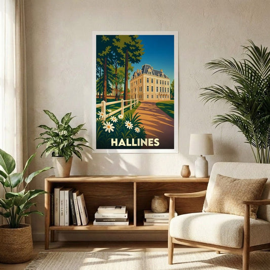 Affiche souvenir de la ville de Hallines avec une illustration stylisée d'une demeure bourgeoise et de son parc.