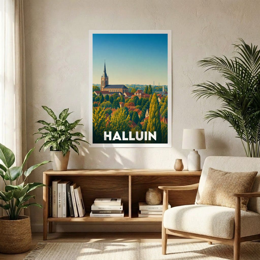 Affiche souvenir de la ville de Halluin avec une illustration stylisée de son paysage urbain.