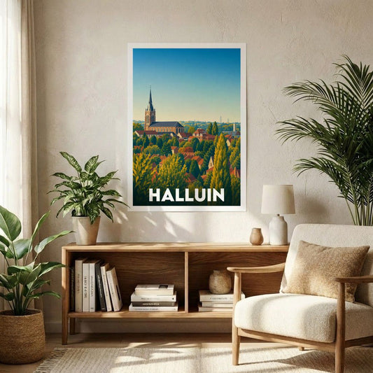 Affiche souvenir de la ville de Halluin avec une illustration stylisée de son paysage urbain.