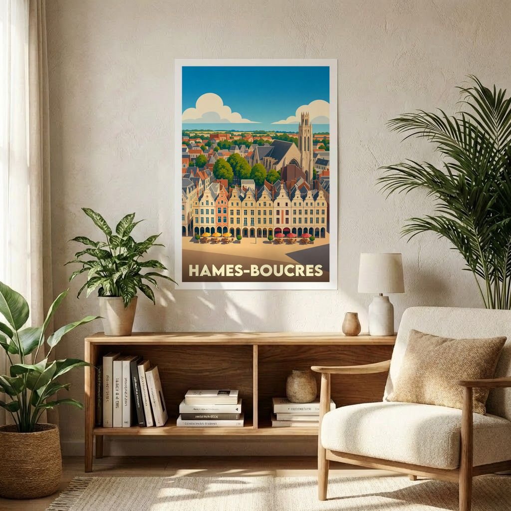 Affiche souvenir de la ville de Hames-Boucres avec une illustration stylisée.
