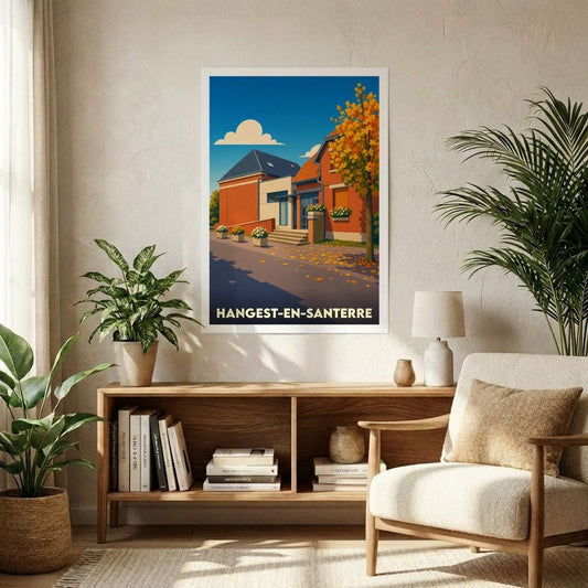 Affiche souvenir de la ville de Hangest-en-Santerre avec une illustration stylisée d'une rue en automne.