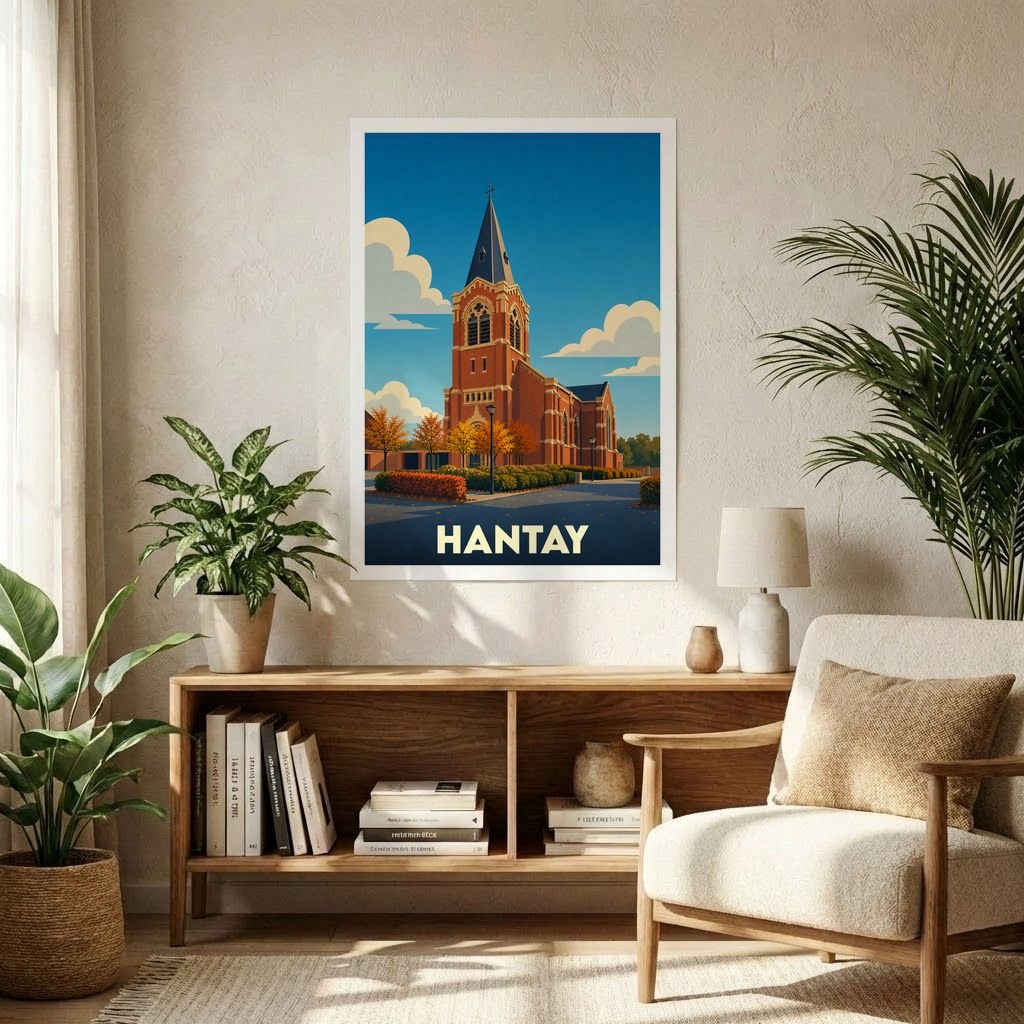 Affiche souvenir de la ville de Hantay représentant son église dans un style graphique épuré.
