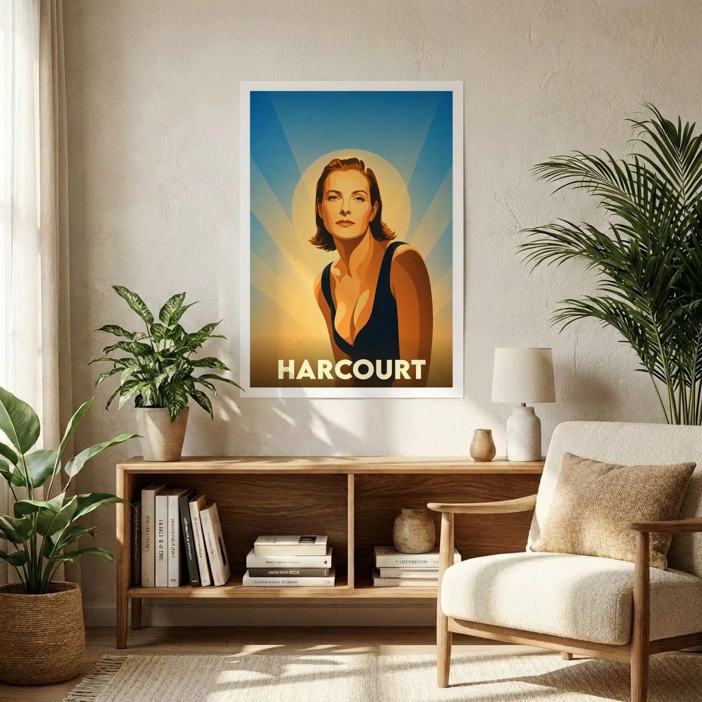 Affiche souvenir de la ville de Harcourt avec une illustration stylisée de style vintage.