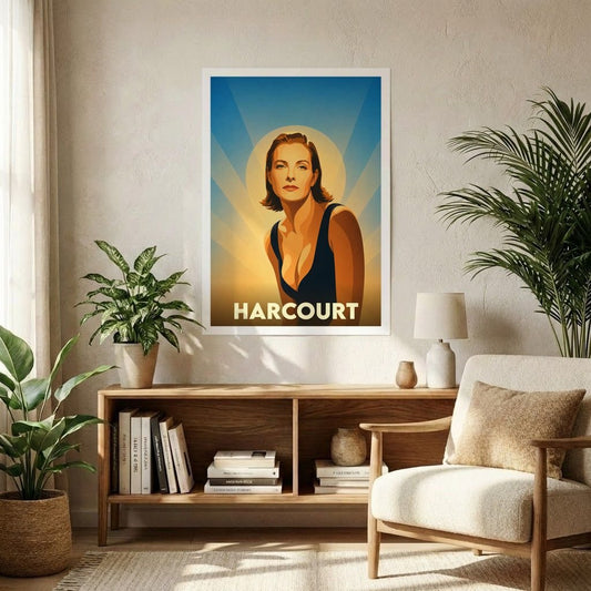 Affiche souvenir de la ville de Harcourt avec une illustration stylisée de style vintage.