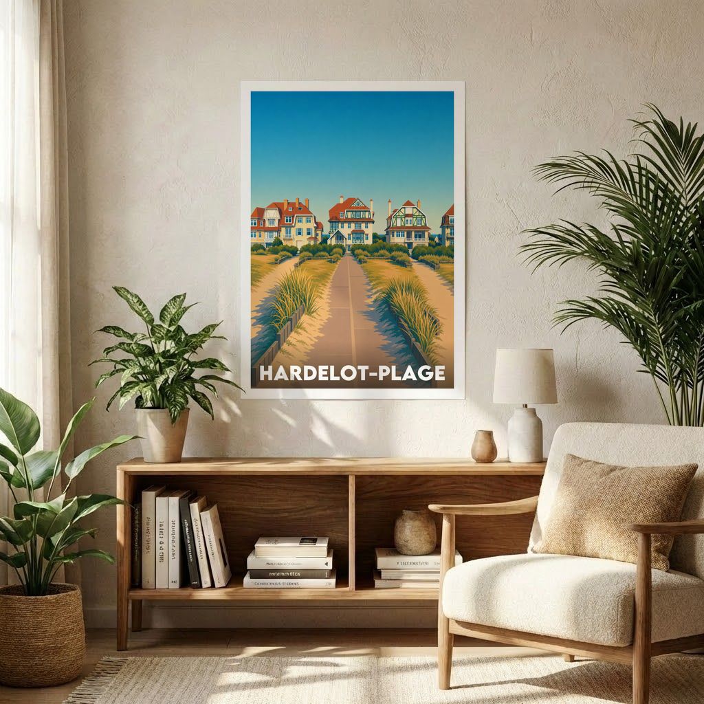 Affiche souvenir de la ville de Hardelot-Plage avec une illustration stylisée de villas côtières et de dunes.