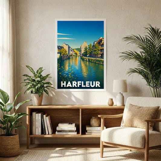 Affiche souvenir de la ville de Harfleur représentant une illustration stylisée de ses quais et de ses canaux.