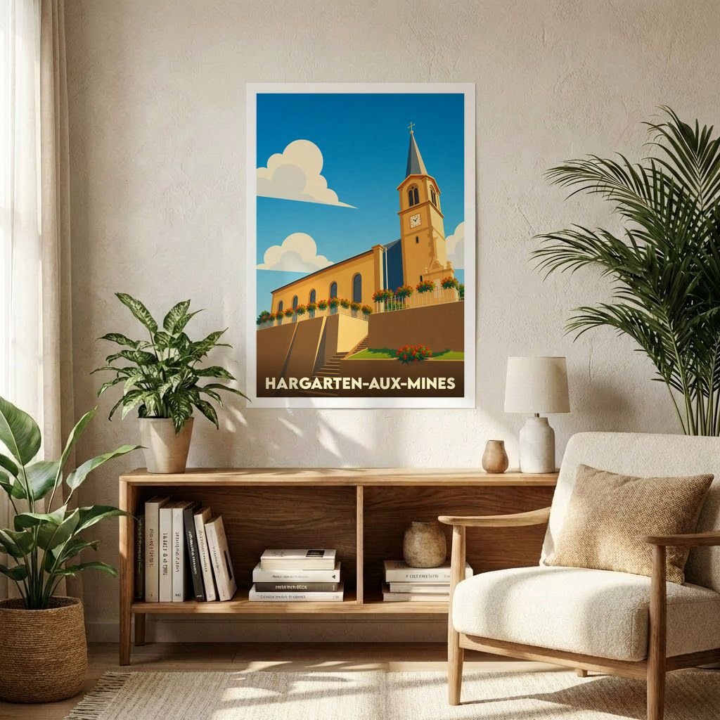Affiche souvenir de la ville de Hargarten-aux-Mines représentant son église dans un style graphique épuré et coloré.