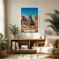 Affiche souvenir de la ville de Harnes avec une illustration stylisée d'un moulin.