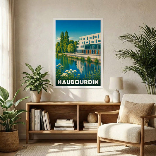 Affiche souvenir de la ville de Haubourdin avec une illustration stylisée d'un paysage de bord de rivière.