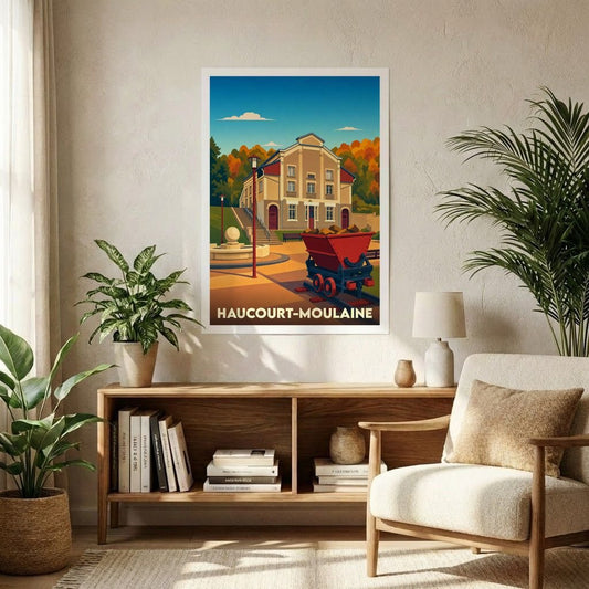 Affiche souvenir de la ville de Haucourt-Moulaine avec une illustration stylisée d'un bâtiment historique et d'un wagonnet de mine.