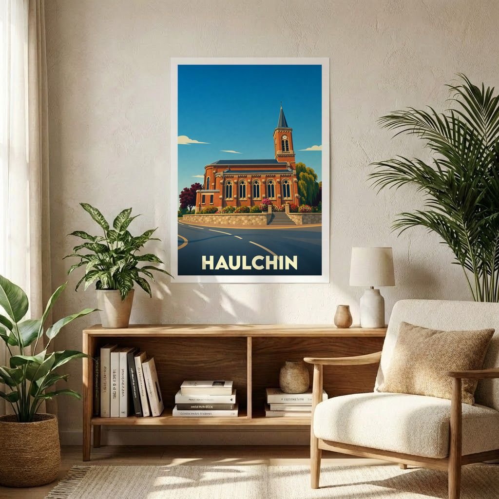 Affiche souvenir de la ville de Haulchin illustrant son église dans un style graphique rétro.