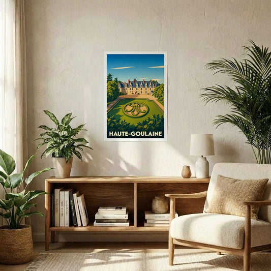 Affiche souvenir de la ville de Haute-Goulaine représentant son château et ses jardins dans un style illustré.