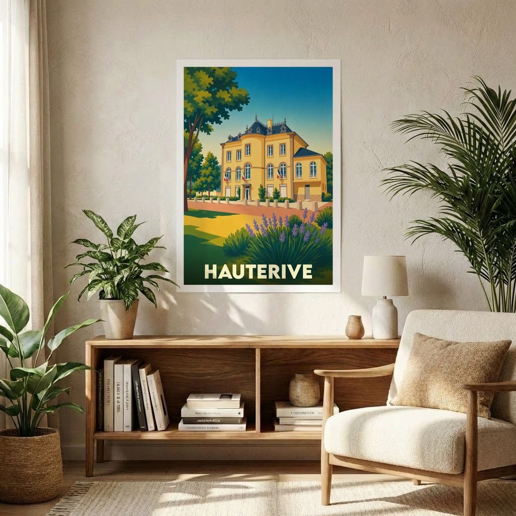 Affiche souvenir de la ville de Hauterive avec une illustration stylisée d'une demeure bourgeoise.